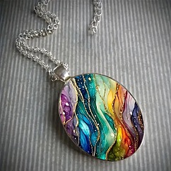 Zinc Alloy & Glass Oval Pendant Necklaces, Antique Silver, Colorful, 480~50cm
