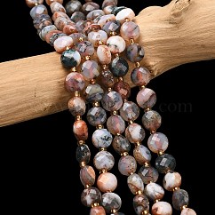 Natural Red Tree Agate Beads Strands, with Seed Beads, Faceted Coin Beads, Flat Round, 6~6.5x4mm, Hole: 1.2mm, about 49~52pcs/strand, 15.35~15.75''(39~40cm)