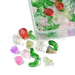 透明ガラスビーズ  チューリップの花/葉  ミックスカラー  6.5~12x9~14x4.5~7mm  穴：1~1.2mm  90個/箱&nbsp;GLAA-FS0001-79