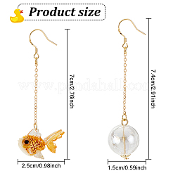 2ペア2色の樹脂魚とガラスボールの非対称イヤリング  女性用スターリングシルバーピン付きゴールデン合金チェーンロングタッセルダングルイヤリング  ミックスカラー  66~74mm  ピン：0.7mm  1ペア/カラー&nbsp;EJEW-AN0002-32