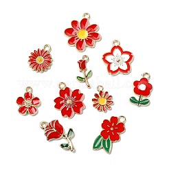 60個15スタイルアロイエナメルペンダント  ラインストーン付き  花のチャーム  ゴールドカラー  レッド  14~24.5x9~20x1.2~6mm  穴：1.5~2mm  4個/スタイル&nbsp;ENAM-CJ0006-46