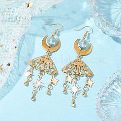 201 ステンレススチール 蛾ペンダント ダングル イヤリング  女性用のガラスと真鍮の金具付き  ゴールドカラー  98x33.5mm&nbsp;EJEW-TA00451