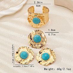 フラワー合金と合成ターコイズのスタッドピアスとリングとカフバングルのセット  ゴールドカラー  内径：60mm&nbsp;FS-WG05099-01
