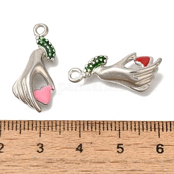 真鍮製エナメルペンダント  プラチナ  ハートのチャームが付いた手のひら  ミックスカラー  25x11x5mm  穴：1.8mm&nbsp;FIND-C065-16P