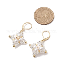 ガラスシードビーズ菱形フレンチフックピアス  シェルパールと304ステンレススチールのフレンチフックピアス金具付き  銀  42x25mm&nbsp;EJEW-MZ00346-04