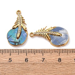 染色された貝殻のペンダント  304ステンレススチール製クリスタルラインストーンフェザーチャーム  ゴールドカラー  ミックスカラー  25x13x2mm  穴：1.3mm&nbsp;SH-K002-02G