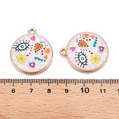 プリントラックメッキ合金エナメルペンダント  ゴールドカラー  フラット ラウンド ウィズ アイ & ハート チャーム  カラフル  28.5x25x4mm  穴：1.8mm&nbsp;ENAM-T020-02F