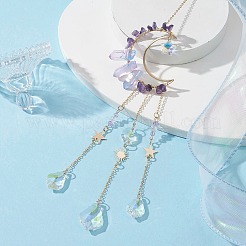 ムーン天然アメジスト & 電気メッキ天然水晶ペンダント装飾  真鍮のファインディングとガラスの葉のチャーム付き  家の装飾用  265mm&nbsp;HJEW-JM01265