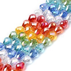 透明なグラデーションカラーのガラスビーズ連売りを電気メッキする  ティアドロップ  多面カット  カラフル  9x8mm  穴：1.2mm  約35個/連  12.44~12.60''（31.6~32センチメートル）&nbsp;GLAA-F131-03