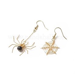 天然石ダングルピアス  女性のための真鍮のアクセサリー  蜘蛛と蜘蛛の巣  43.5~62.5mm  ピン：0.6mm&nbsp;EJEW-JE05189