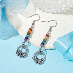 チャクラ合成&天然宝石ダングルイヤリング  リング 304 ステンレススチール イヤリング 女性用  60x14.5mm&nbsp;EJEW-JE05528