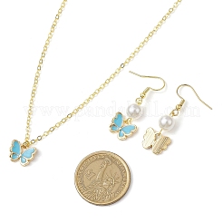 合金エナメル蝶チャームネックレス＆ダングルイヤリング＆ABSプラスチック模造真珠ビーズブレスレットセット  女性用ジュエリーセット  ディープスカイブルー  380mm&nbsp;SJEW-JS01315-02