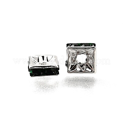真鍮製ラインストーンスペーサービーズ  グレードA  正方形  ニッケルフリー  銀  エメラルド  6x6x3mm  穴：1mm&nbsp;RSB072-12S