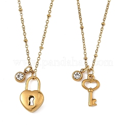304ステンレススチール製ペンダントサテライトチェーンネックレス（2種類）2個  ハートキー＆ロック  ゴールドカラー  17.72インチ（45cm）  1個/スタイル&nbsp;NJEW-JN06495-01