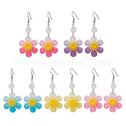 グラデーションカラーの透明アクリルダングルイヤリング  304ステンレススチールピアスフック付き  笑顔の花  プラチナ  ミックスカラー  64x27.5mm  5のペア/セット&nbsp;EJEW-JE06548