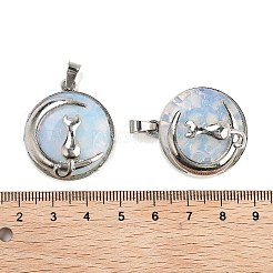 オパライト フラット ラウンド ペンダント  合金の月猫チャーム  プラチナ  31x27x10.5mm  穴：6.5x3.5mm&nbsp;X-FIND-A043-11P