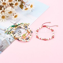 調整可能なナイロン糸編組ビーズブレスレット  ポリマークレイ平石ビーズ  ミルフィオリガラスビーズと真鍮ビーズ  花  ゴールドカラー  ミックスカラー  内径：2-1/4~2-7/8インチ（5.6~7.3cm）&nbsp;BJEW-JB06140