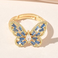 Adjustable Brass Butterfly Finger Rings with Light Blue Cubic Zirconia&nbsp;CU-CBA7E55-18G-02