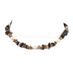 Natural Multicolor Tourmaline Chip & Rice Natural Cultured Freshwater Pearl Beaded Necklaces for Men Women&nbsp;NJEW-JN06085
