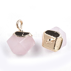 天然ローズクォーツチャームを電気メッキ  鉄パーツ  多面カット  ゴールドカラー  11~12x8x8mm  穴：1.5mm&nbsp;X-G-S344-08H