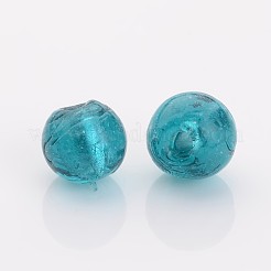 手作り銀箔ガラスベネチアンビーズ  ラウンド  ティール  7.5~8.5mm  穴：2mm&nbsp;X-FOIL-R054-17