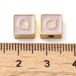304ステンレススチールエナメルビーズ  14KGP本金メッキ  文字のある正方形  文字Q  8x8x4mm  穴：2mm&nbsp;STAS-L022-293G-Q
