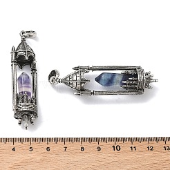天然蛍石のファセット加工された尖った弾丸型の大きなペンダント  合金製のセッティングが施された城のキャンドルホルダーチャーム  アンティークシルバー  アンティークシルバー  67x21.5x15mm  穴：7.5x6.5mm&nbsp;X-G-P613-01AS-03