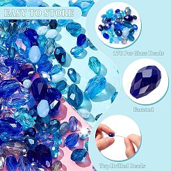 178PCSガラスビーズ  ティアドロップ  多面カット  透明/不透明  混合スタイル  ブルー  6~12x4~8mm  穴：0.9~1.4mm&nbsp;GLAA-NB0001-69B