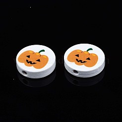 ハロウィンプリント天然木ビーズ  カボチャ柄のフラットラウンド  ダークオレンジ  19~20x5.9mm  穴：2~2.2mm&nbsp;WOOD-T021-92