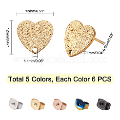 30個 5色イオンプレーティング(IP) 304ステンレススチールスタッドピアス金具  ピアスキャッチ/ピアスバックキャッチと穴付き  テクスチャード加工のハート型  ミックスカラー  12x13x1mm  ピン：0.8mm  6個/カラー&nbsp;EJEW-UN0001-66