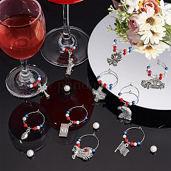 20Pcs 10 Styles National Flag & Dollar Bills & Eagle & Rose Alloy Dangle Wine Glass Charms with Glass Pearl&nbsp;AJEW-BC0003-15