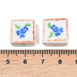 印刷された手作りの磁器のビーズ  花模様の正方形  藤紫色  15~15.5x15~15.5x7.5~8mm  穴：2mm&nbsp;PORC-G016-04C