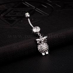 Piercing Jewelry Real Platinum Plated Brass Rhinestone Owl Navel Ring Belly Rings&nbsp;AJEW-EE0001-64