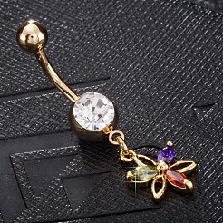 真鍮製キュービックジルコニアへそピアス  ベリーリング  304ステンレススチールバー付き  カドミウムフリー＆鉛フリー  18KGP本金メッキ  花  カラフル  39x11mm  バー: 15 ゲージ (1.5mm)  バーの長さ: 3/8