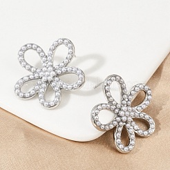 Flower Brass ABS Imitation Pearl Stud Earrings&nbsp;EJEW-M082-07P