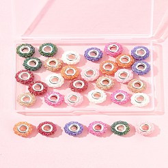 32個 8色 ABカラー 樹脂 ローズフラワー ヨーロピアンビーズ  大きな穴ビーズロンデル  プラチナトーン合金ダブルコア  ミックスカラー  14x9mm  穴：5mm  4個/カラー&nbsp;RESI-FS0002-04