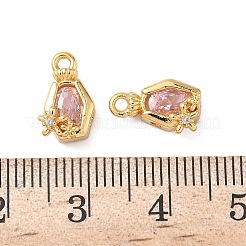 キュービックジルコニアチャーム付き真鍮  ニッケルフリー  18KGP本金メッキ  ピンク  12x6.5x5mm  穴：1.4mm&nbsp;KK-D024-23B-G