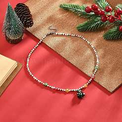 Christmas Tree Lampwork Pendant Necklace with Glass Seed Flower Chains for Women&nbsp;NJEW-TA00070