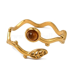 天然タイガーアイの指輪  女性用リーフ ゴールデントーン 304 ステンレススチール カフリング  10mm  内径：17mm&nbsp;RJEW-Q822-36G-01