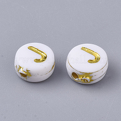 メッキアクリルビーズ  ゴールドライン入り  水平穴  アルファベット付きのフラットラウンド  ホワイト  文字.j  7x3.5mm  穴：1.2mm  約360個/50g&nbsp;X-PACR-R242-01J