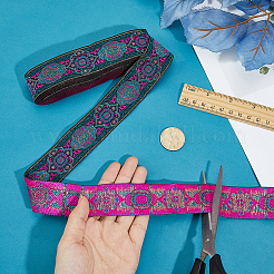 エスニック風刺繡ポリエステルリボン  服飾材料  花柄  金と黒と青の模様  マゼンタ  33mm&nbsp;SRIB-WH0007-02D-WH