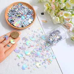 プラスチックカボション  星と月/ユニコーン  銀  6~22x5~17x0.1mm&nbsp;KY-SC0002-21