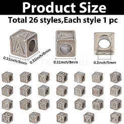 26個 26スタイル 304ステンレススチールキューブビーズ  a～zの文字  変色防止  ステンレス鋼色  8x8x8mm  穴：5mm  1個/スタイル&nbsp;STAS-PA0001-03