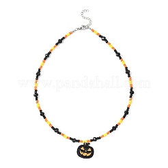 Halloween Black Alloy Enamel Pumpkin Skull Cat Shape Pendant Glass Seed Beaded Necklaces for Women&nbsp;NJEW-JN05579