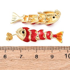 魚の真鍮マイクロパヴェキュービックジルコニアダングルスタッドピアス  エナメル付き  18KGP本金メッキ  ラックめっき  長持ちメッキ  カドミウムフリー＆鉛フリー  レッド  32.5x10mm&nbsp;EJEW-C174-05G-04
