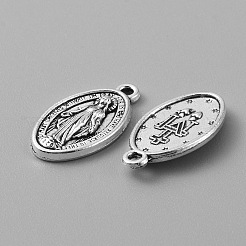 合金のチベット風チャーム  聖母マリア模様のチャーム付きオーバル  アンティークシルバー  19x10.5x2.5mm  穴：1.4mm&nbsp;FIND-WH0126-227AS