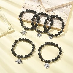 天然溶岩石ビーズストレッチブレスレット、合金チャーム付き  混合図形  内径：1-3/4~2インチ（4.5~5cm）&nbsp;BJEW-JB09477