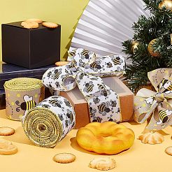 ポリエステルリボン  片面ひまわり蜂段落模様  ギフト包装用  花の弓工芸品の装飾  ホワイト  2-1/2インチ（65mm）  10ヤード/ロール（9.14m /ロール）&nbsp;OCOR-WH0063-11A