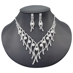 Horse Eye Alloy Crystal Rhinestone & Plastic Pearl Chain Necklaces & Stud Earrings Sets&nbsp;FS-WG3003B-02