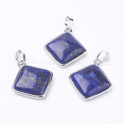 天然染めのラピスラズリペンダント  真鍮パーツ  菱形  プラチナ  25x29x7mm  穴：5x7mm  18x18mm&nbsp;G-E420-05P